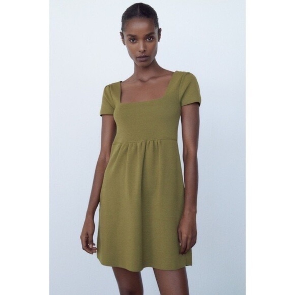 ZARA Squared‎ Mini Babydoll Dress Puff Sleeves Solid Olive Green Knit Small